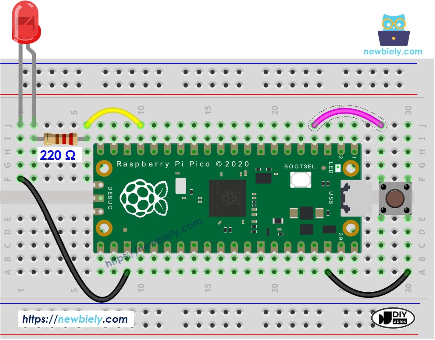 The wiring diagram between Raspberry Pi and Pico Button LED