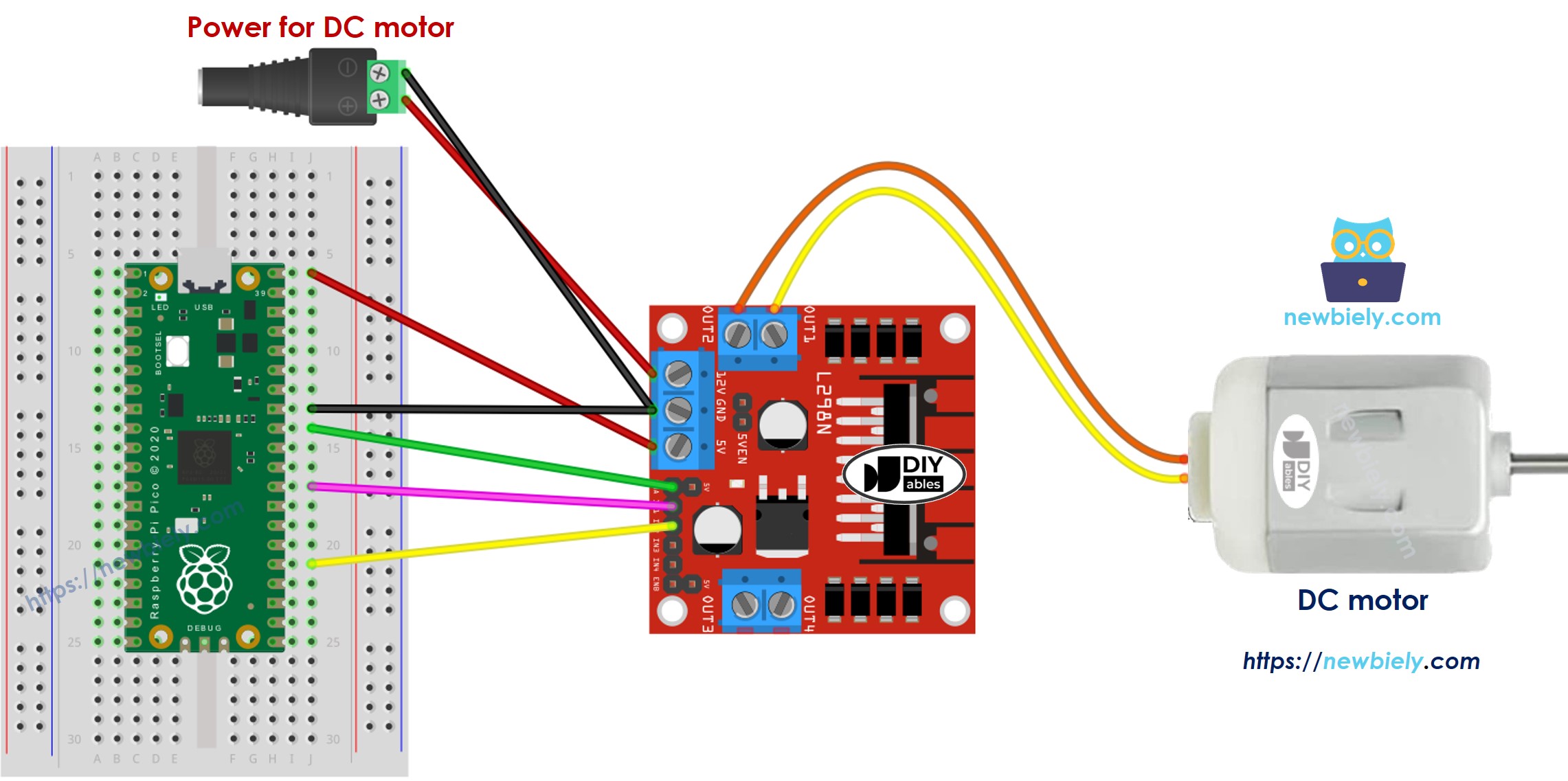 The wiring diagram between Raspberry Pi and Pico DC Motor L298N Driver