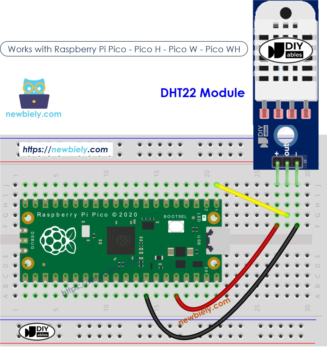 The wiring diagram between Raspberry Pi and Pico DHT22 Temperature and humidity Module