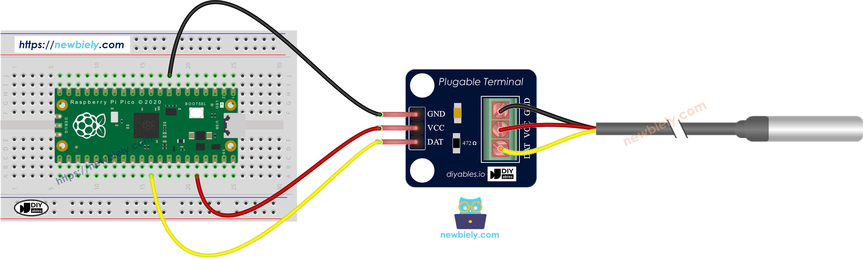 The wiring diagram between Raspberry Pi and Pico DS18B20