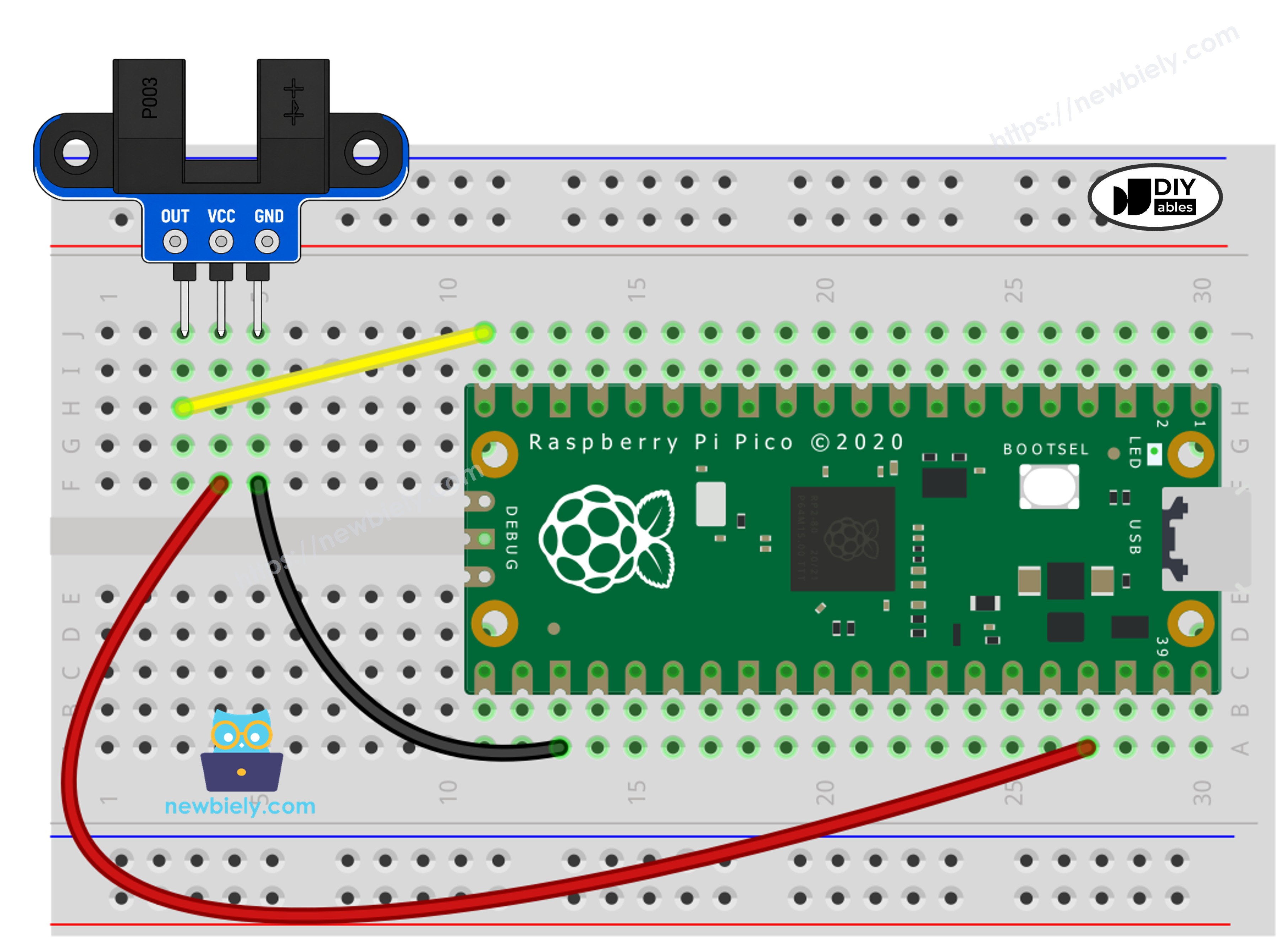 The wiring diagram between Raspberry Pi and Pico IR Slotted Optical Speed Sensor