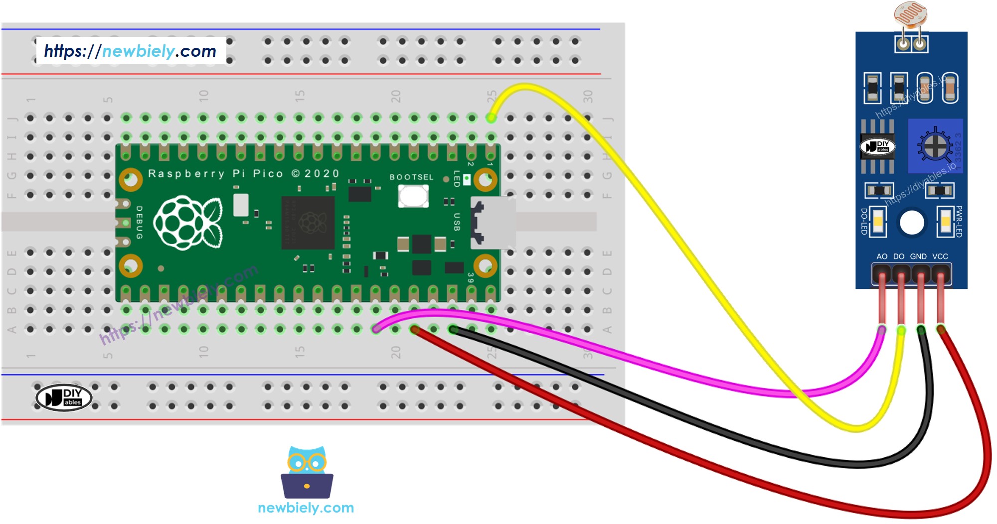 The wiring diagram between Raspberry Pi and Pico LDR Light Sensor Module