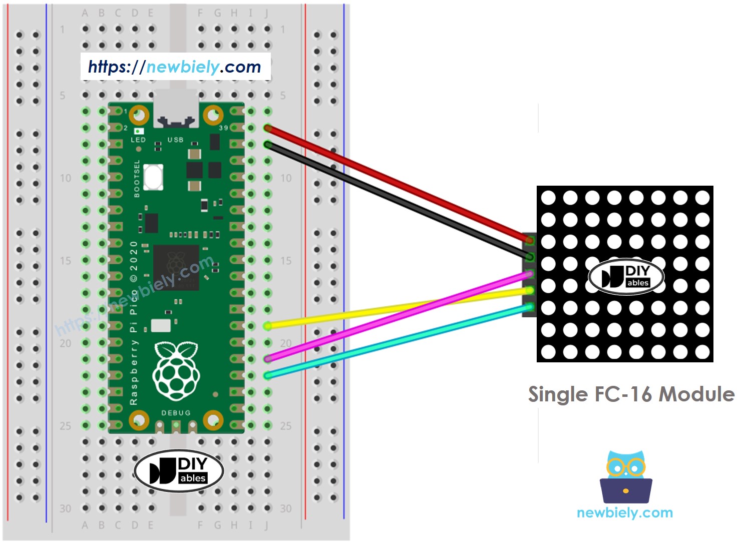 The wiring diagram between Raspberry Pi and Pico 8x8 LED matrix FC-16