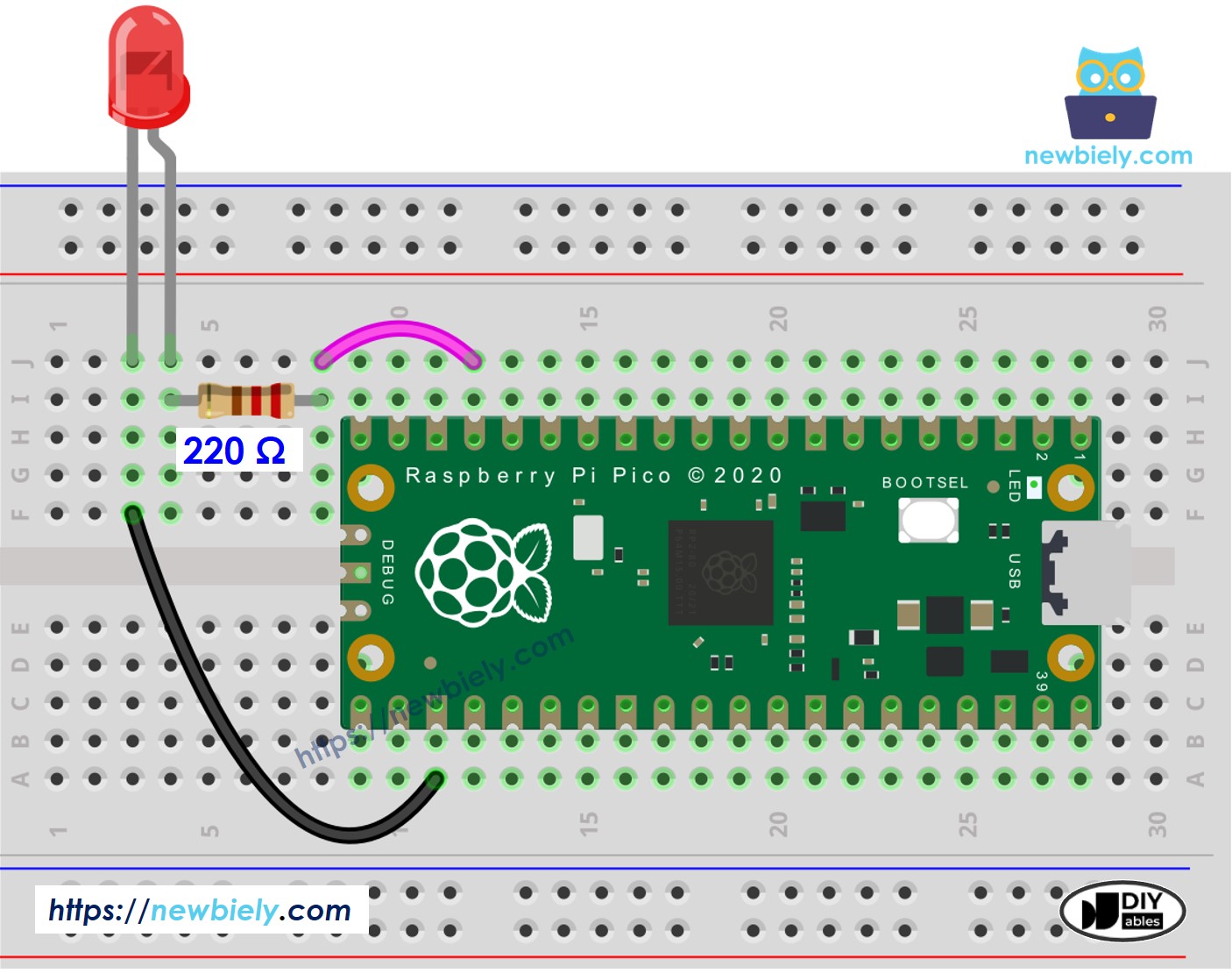 The wiring diagram between Raspberry Pi and Pico LED