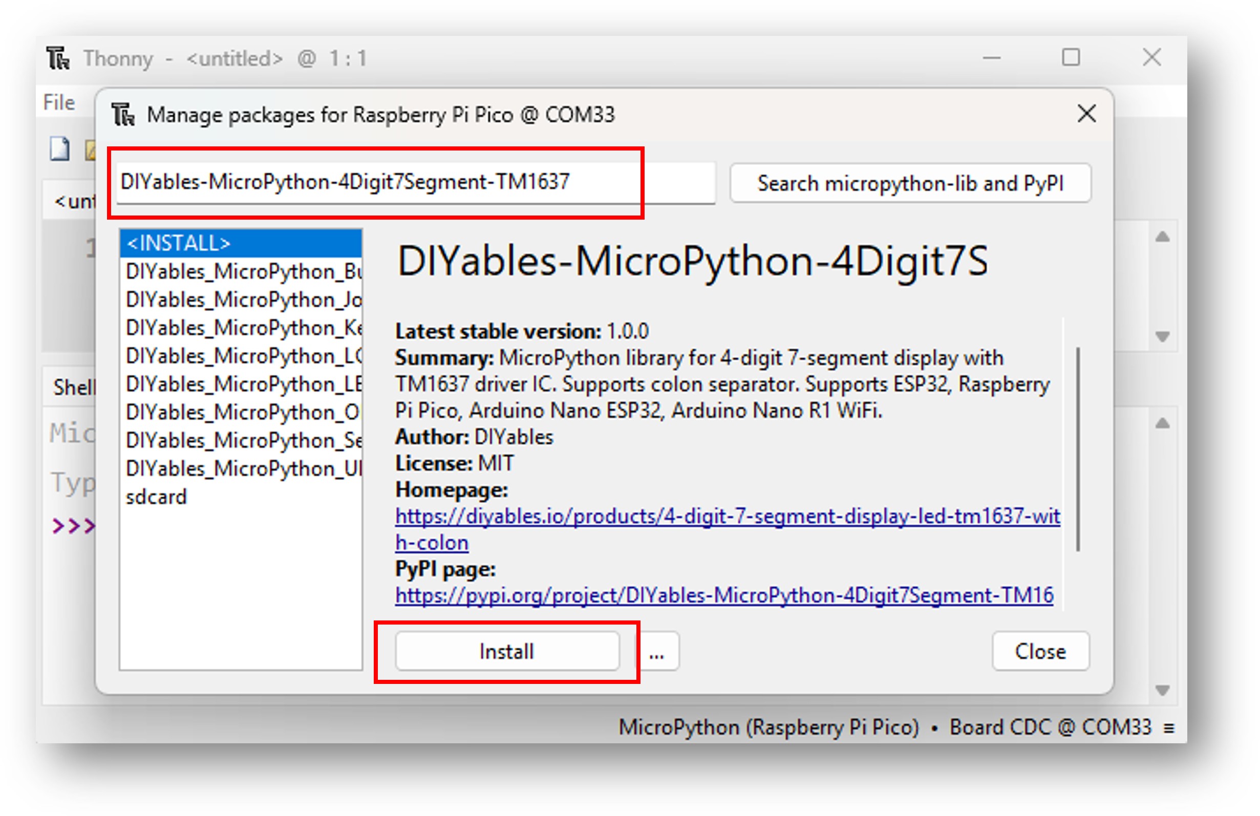 Raspberry Pi Pico TM1637 4-Digit 7-Segment Display library