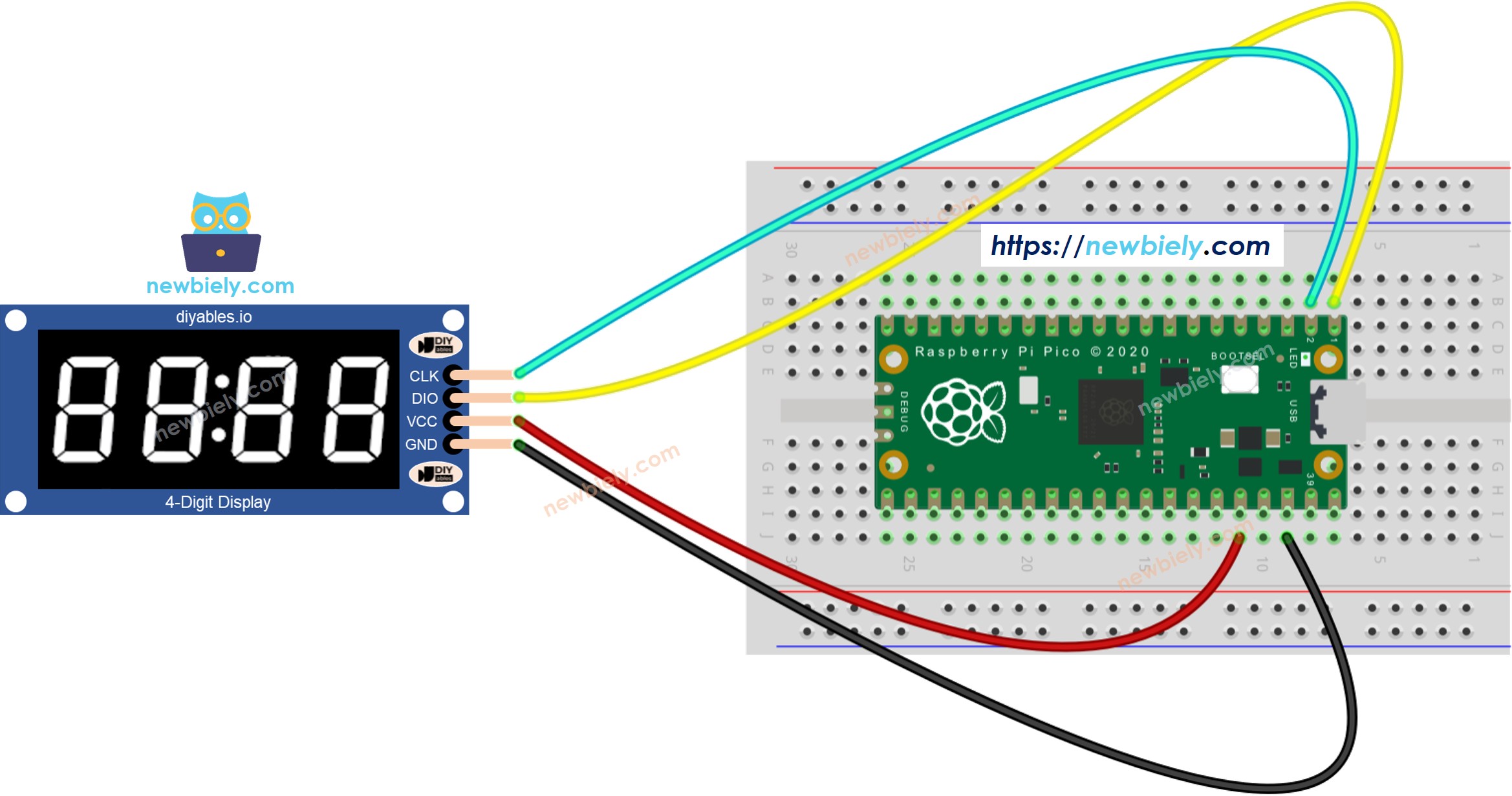 The wiring diagram between Raspberry Pi and Pico TM1637 4-Digit 7-Segment Display