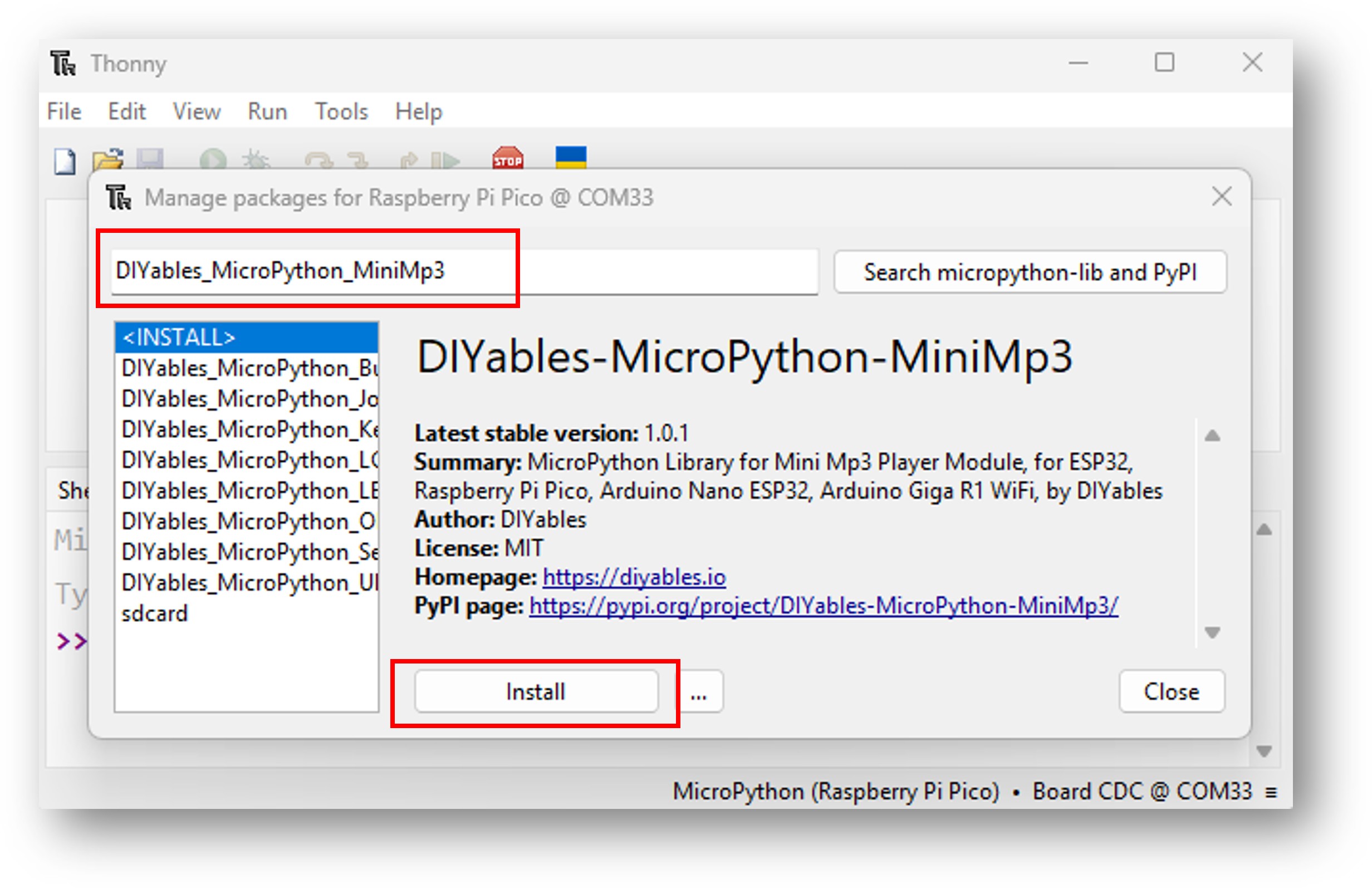 Raspberry Pi Pico Mini Mp3 Player library