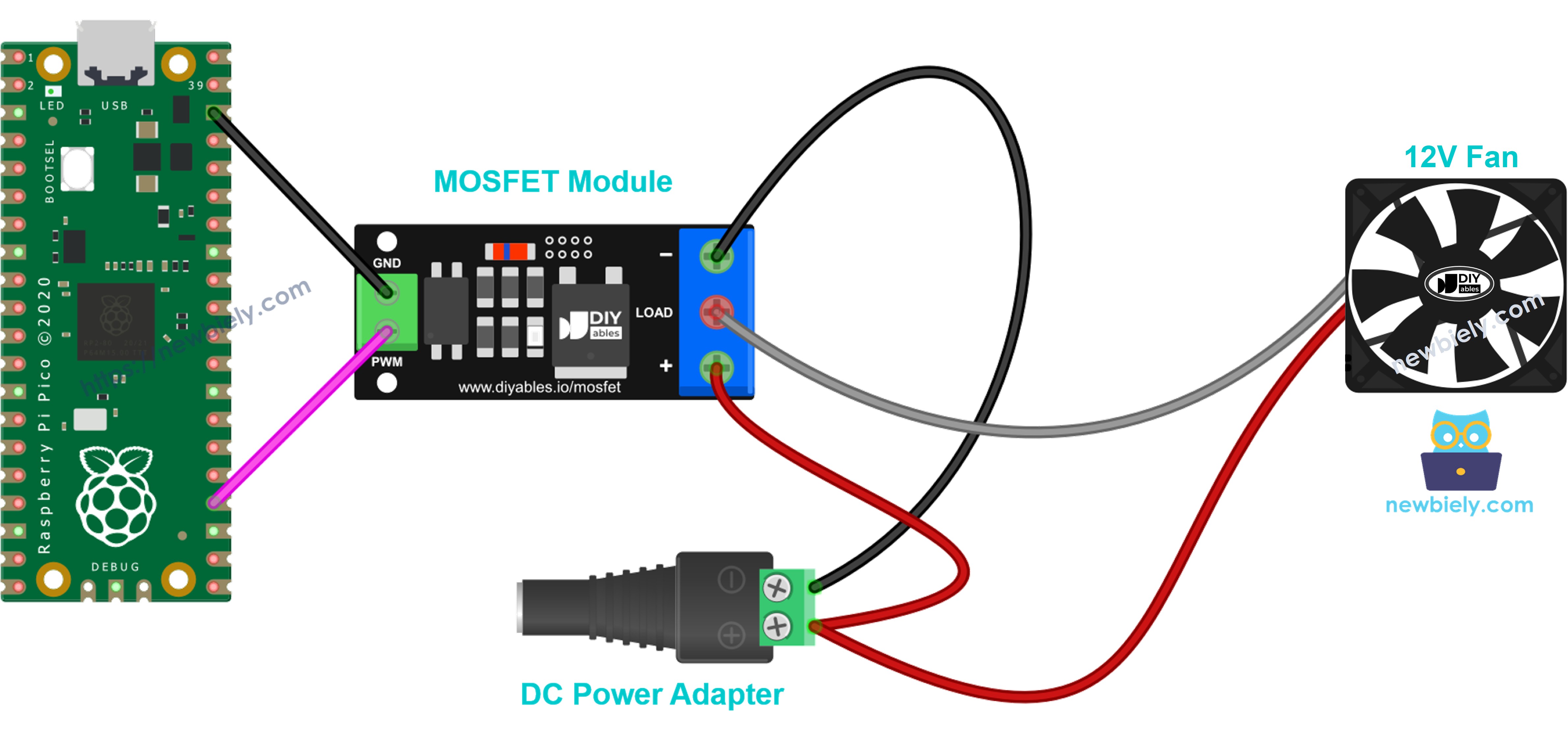 The wiring diagram between MOSFET module for a 12 volts cooling fan
