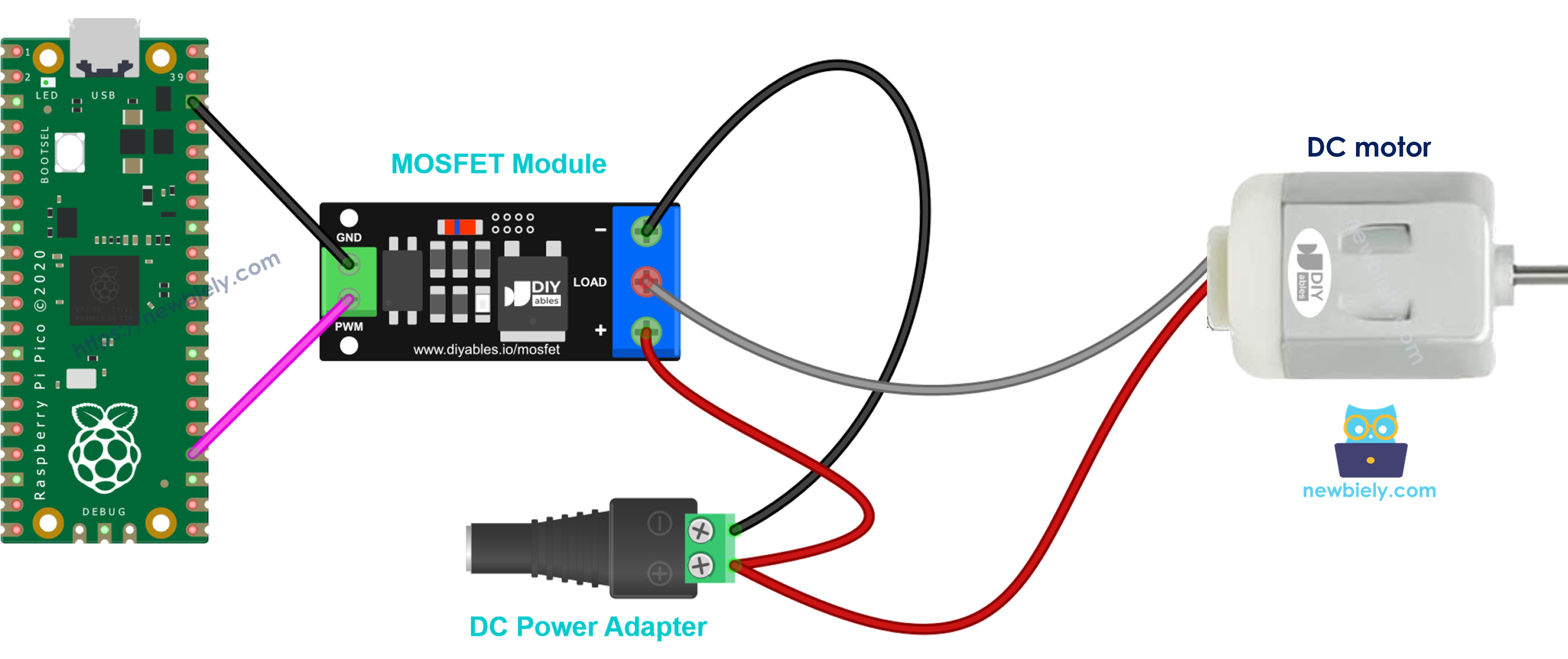 The wiring diagram between MOSFET module with a 12 volts DC motor