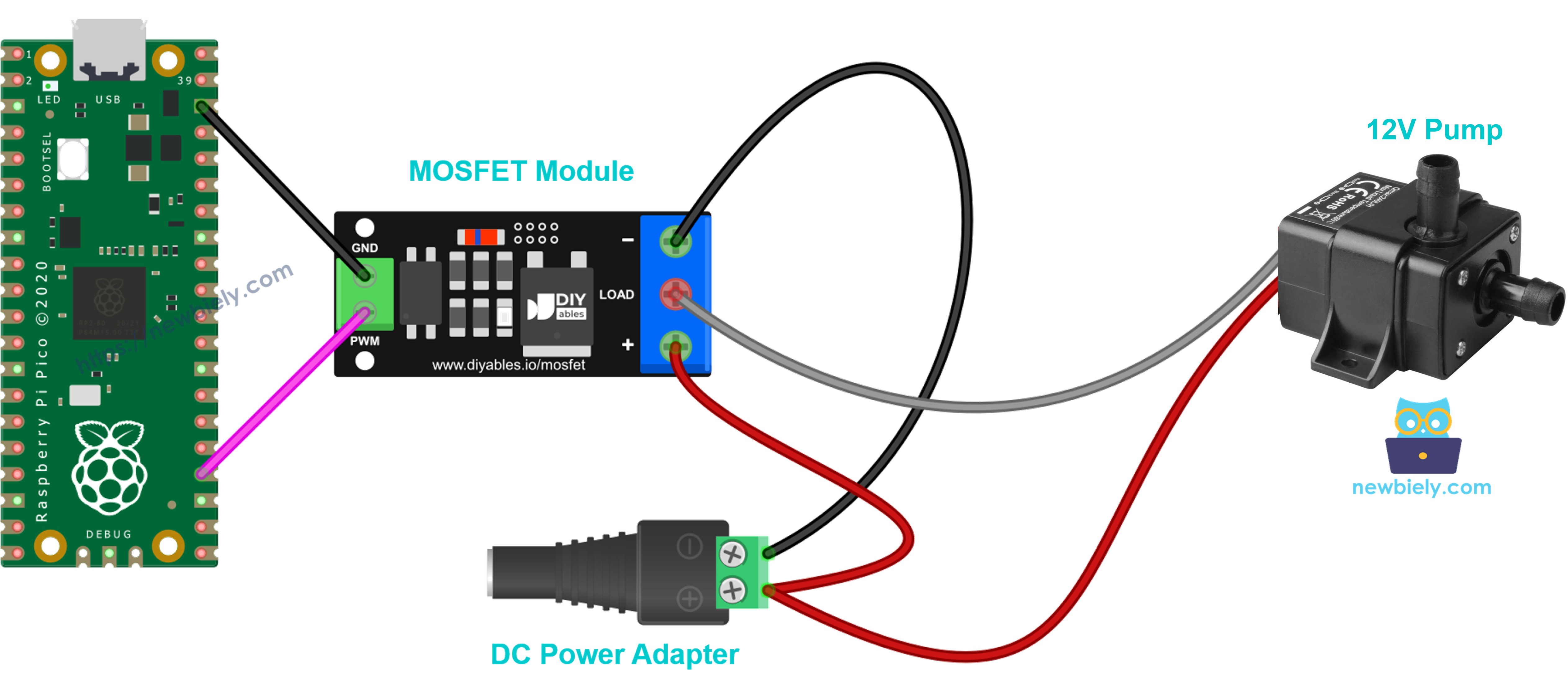 The wiring diagram between 12 volts water pump and MOSFET module