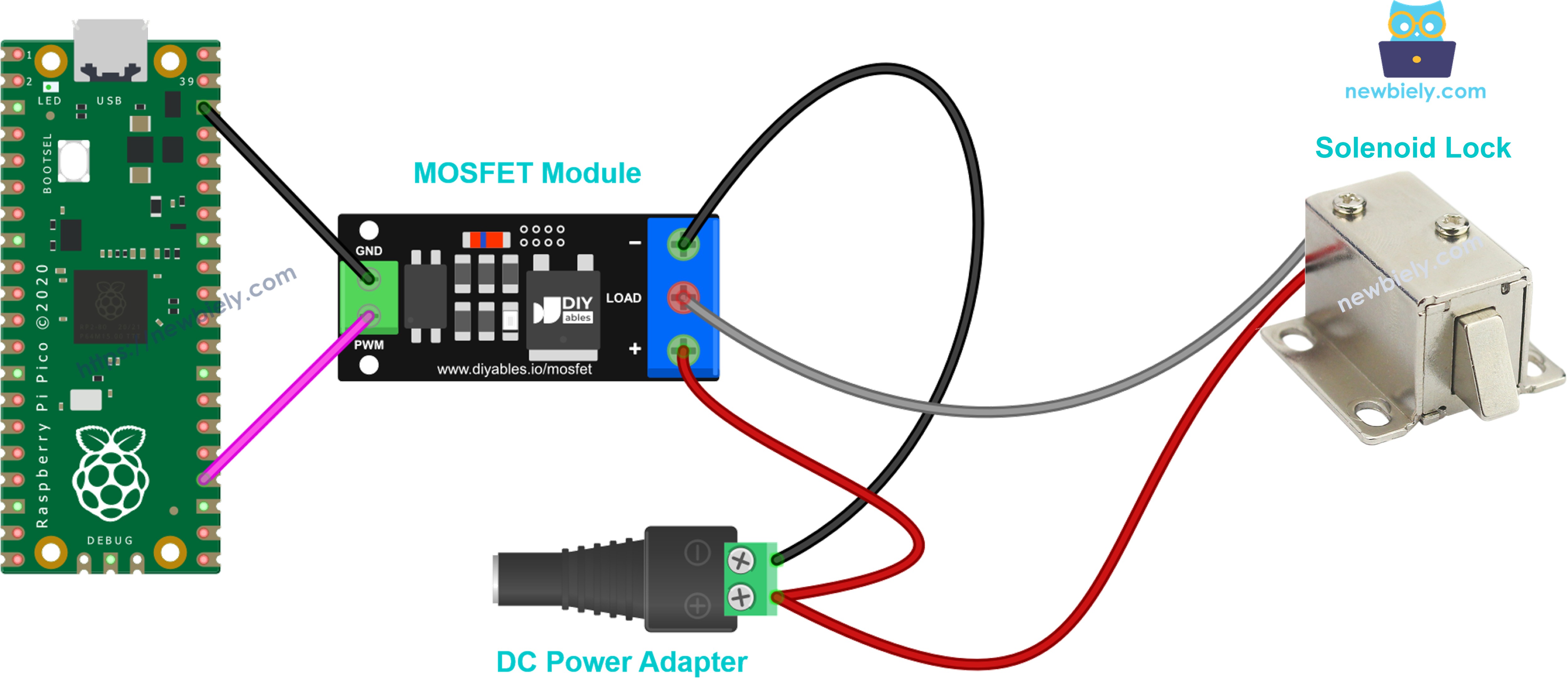 12 volts solenoid lock wired to the MOSFET module
