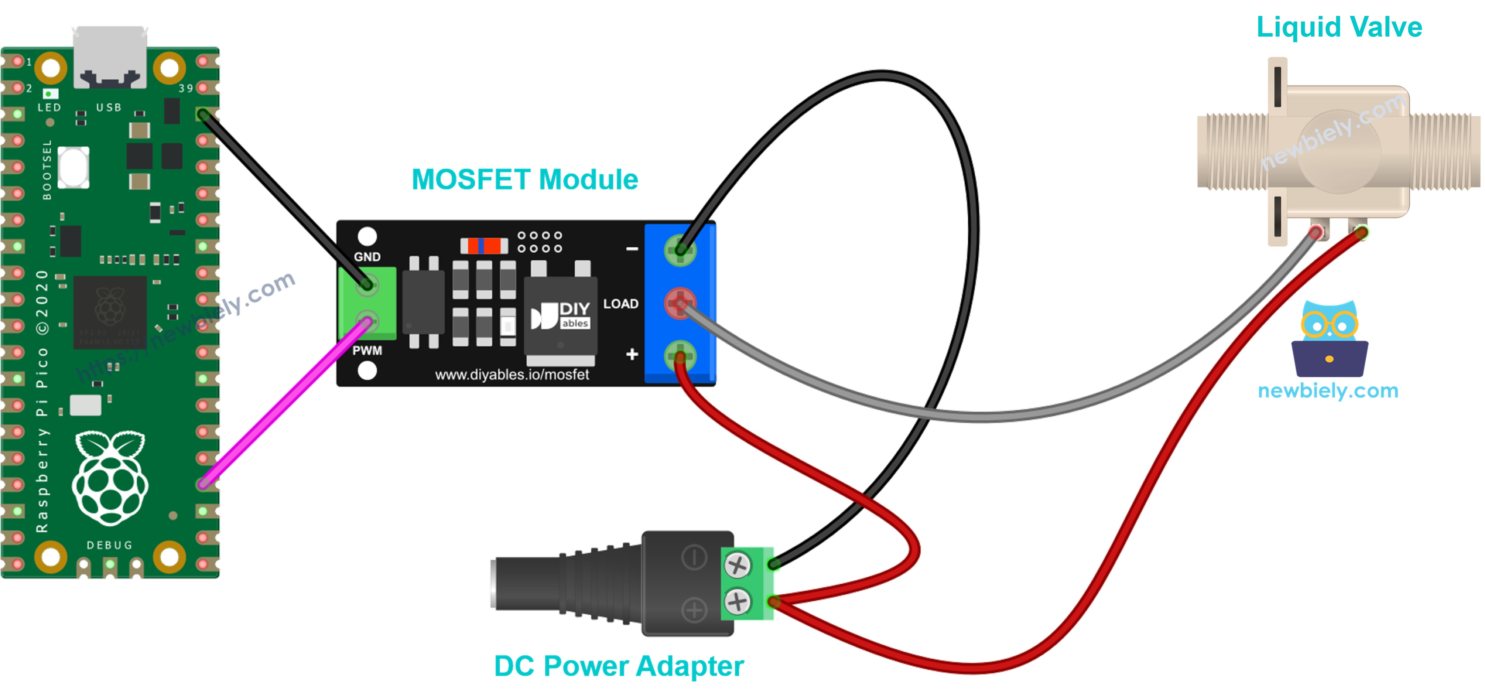 Wiring diagram of a normally closed 12 volts solenoid valve with the MOSFET module