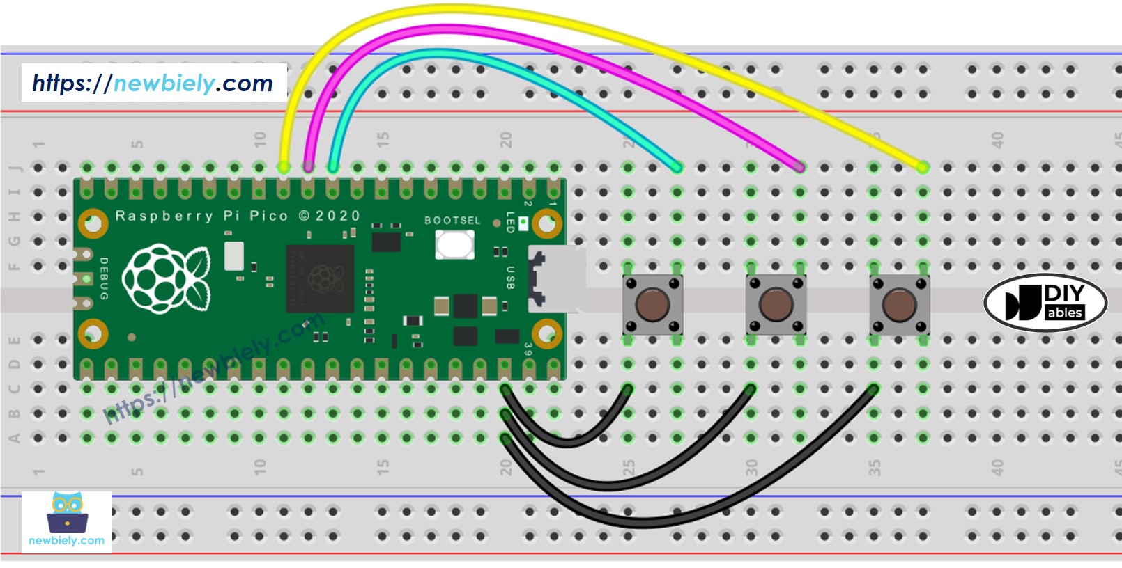 The wiring diagram between Raspberry Pi and Pico Button Library