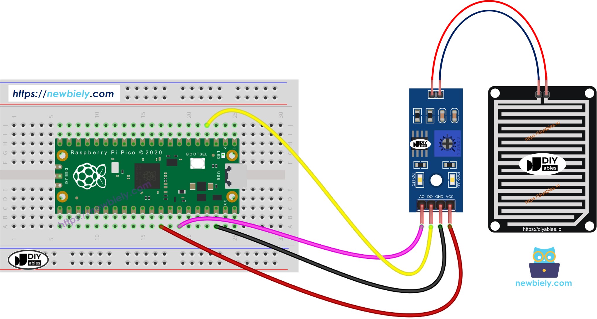 The wiring diagram between Raspberry Pi and Pico rain sensor