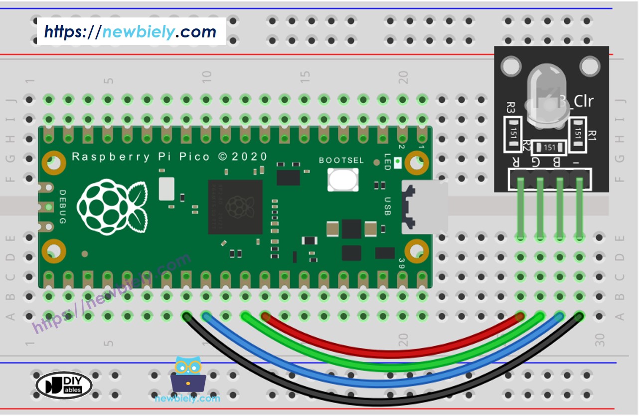 The wiring diagram between Raspberry Pi and Pico RGB LED module