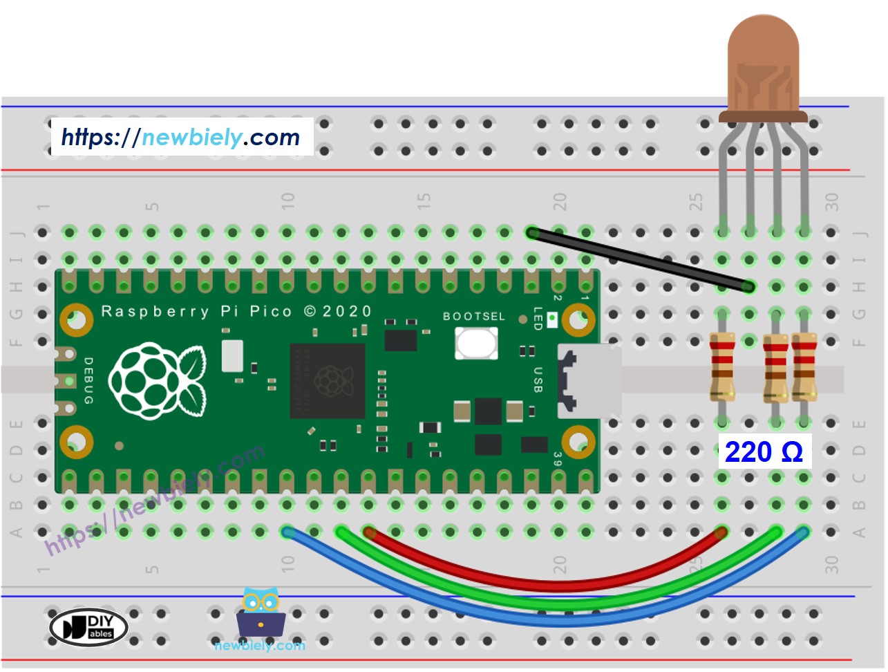 The wiring diagram between Raspberry Pi and Pico RGB LED