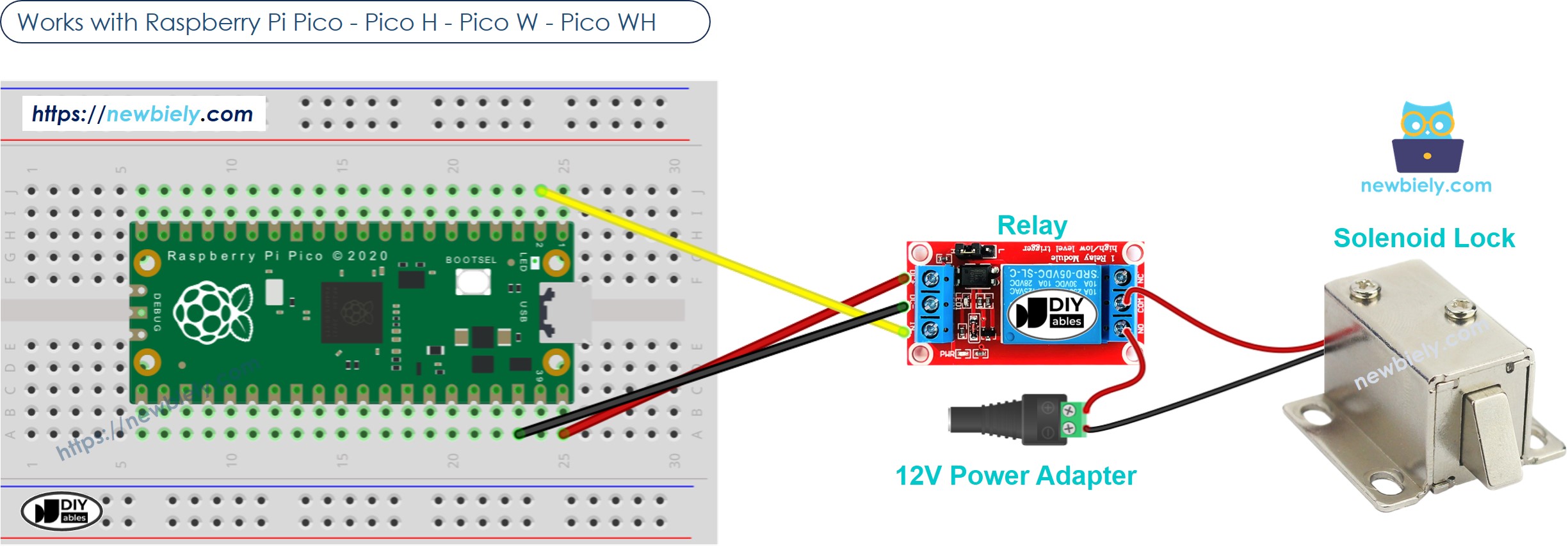 The wiring diagram between Raspberry Pi and Pico solenoid lock