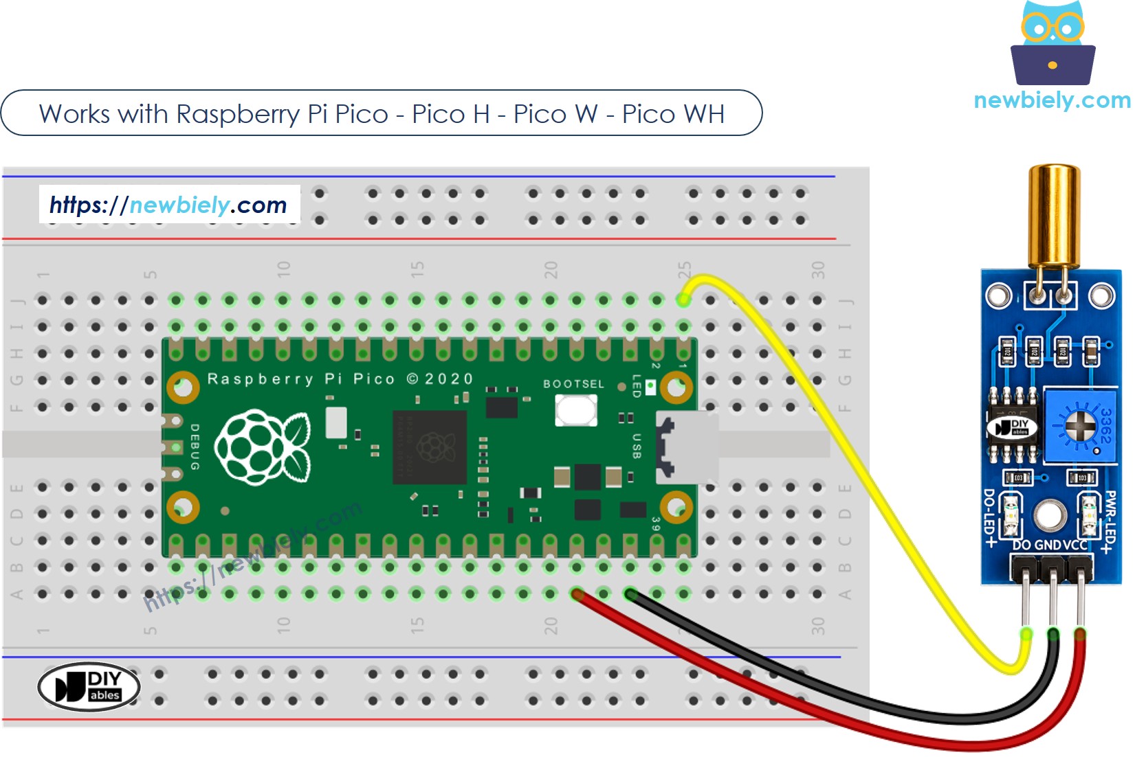 The wiring diagram between Raspberry Pi and Pico SW520D Tilt Sensor