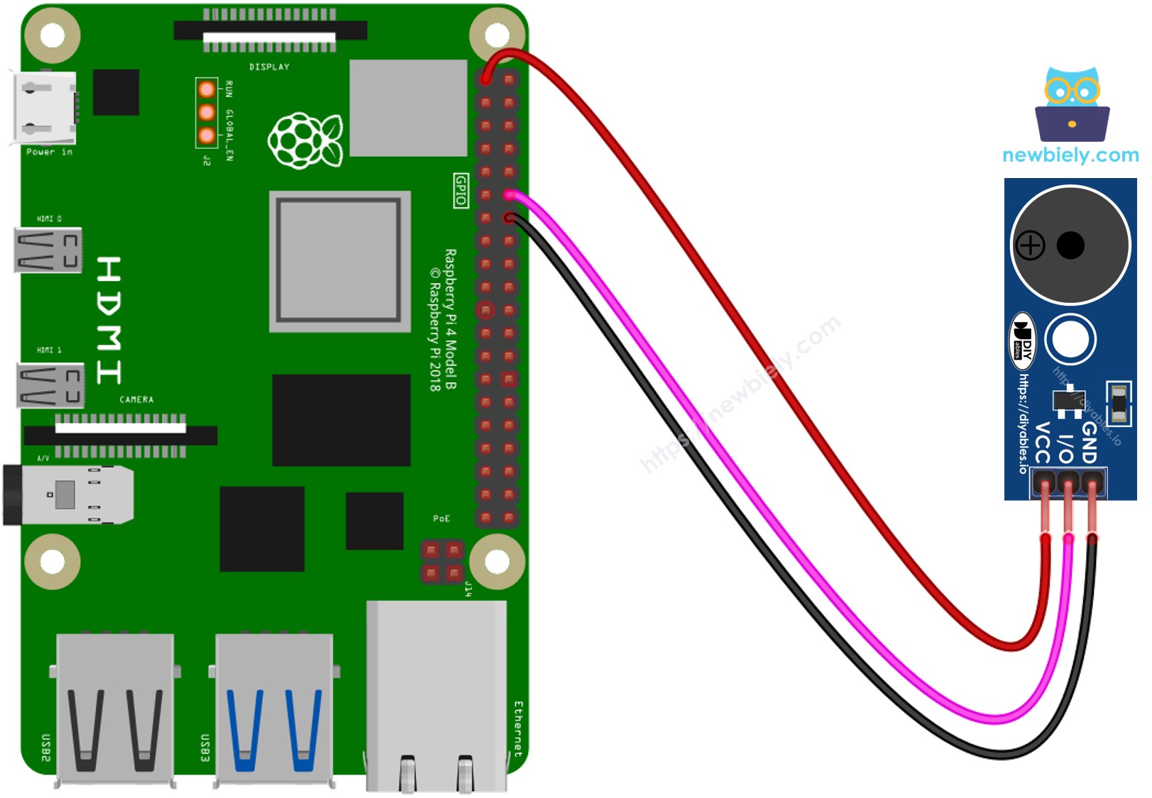 The wiring diagram between Raspberry Pi and Piezo Buzzer module