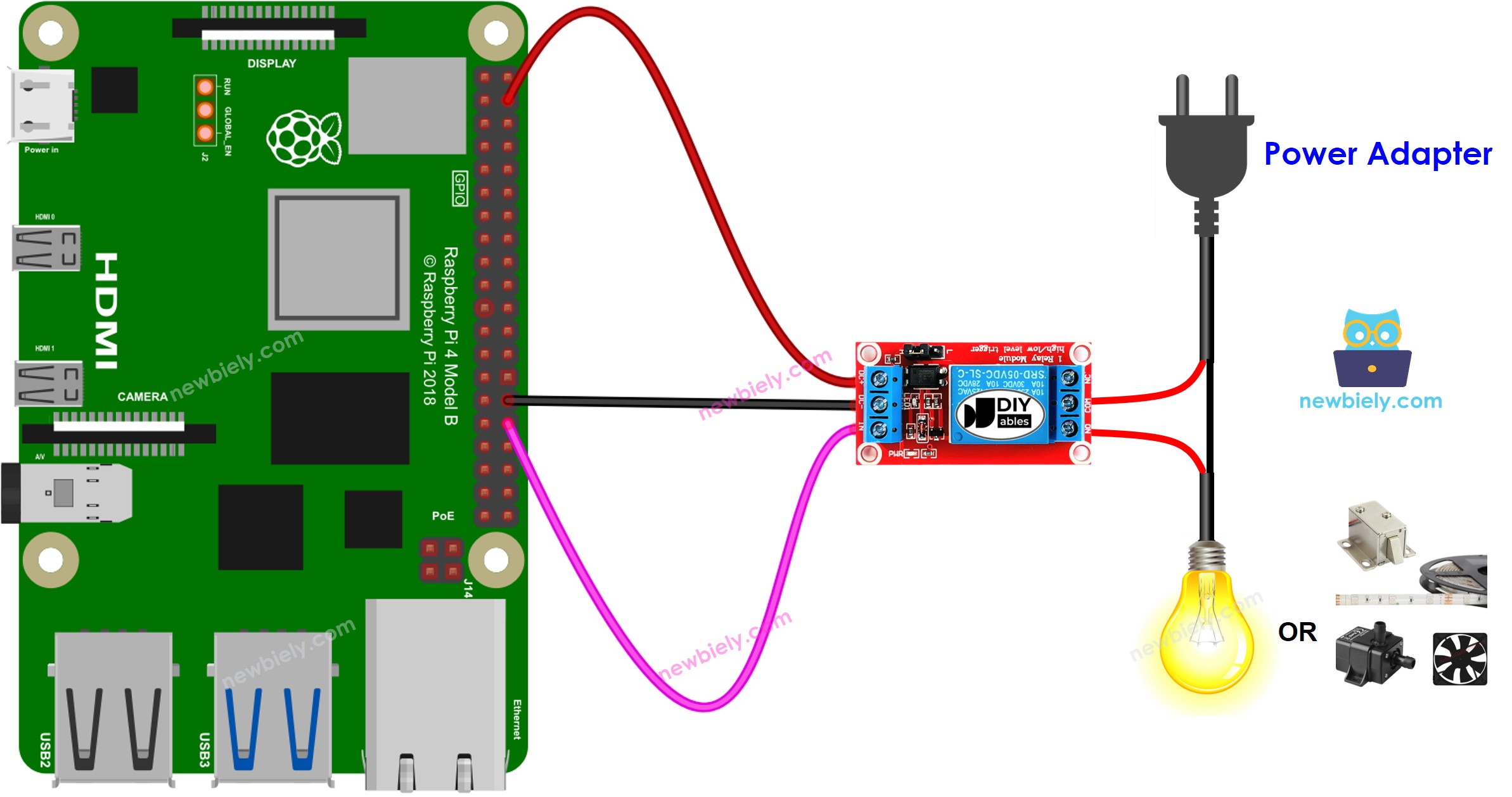 The wiring diagram between Raspberry Pi and Relay