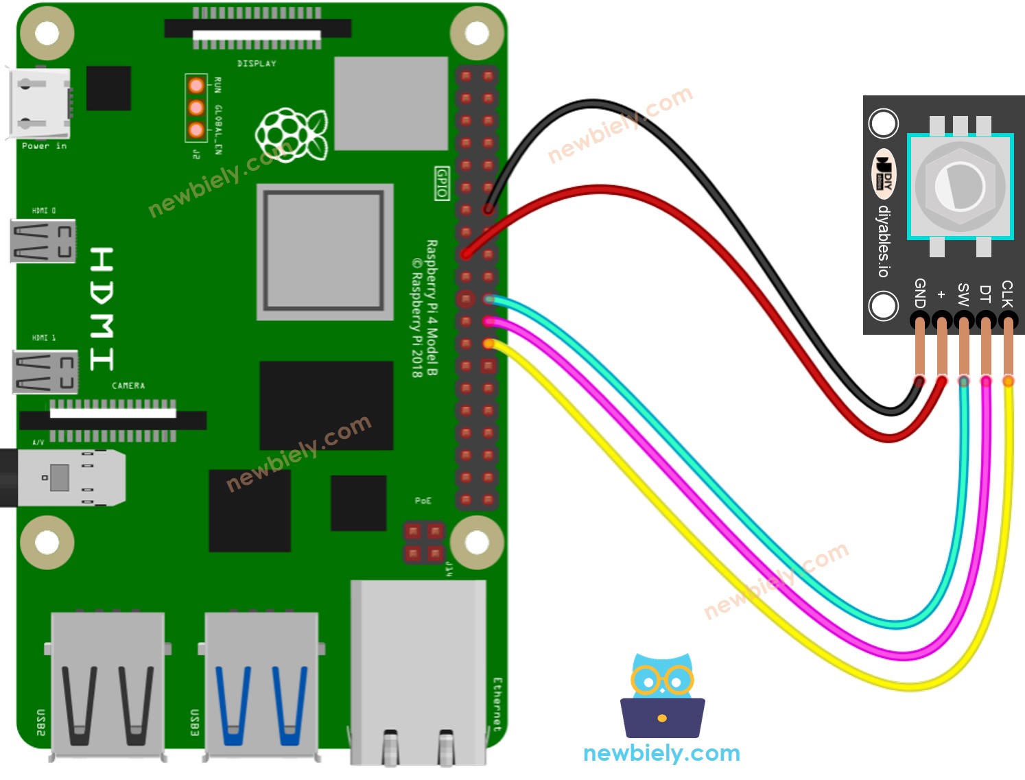 The wiring diagram between Raspberry Pi and rotary encoder
