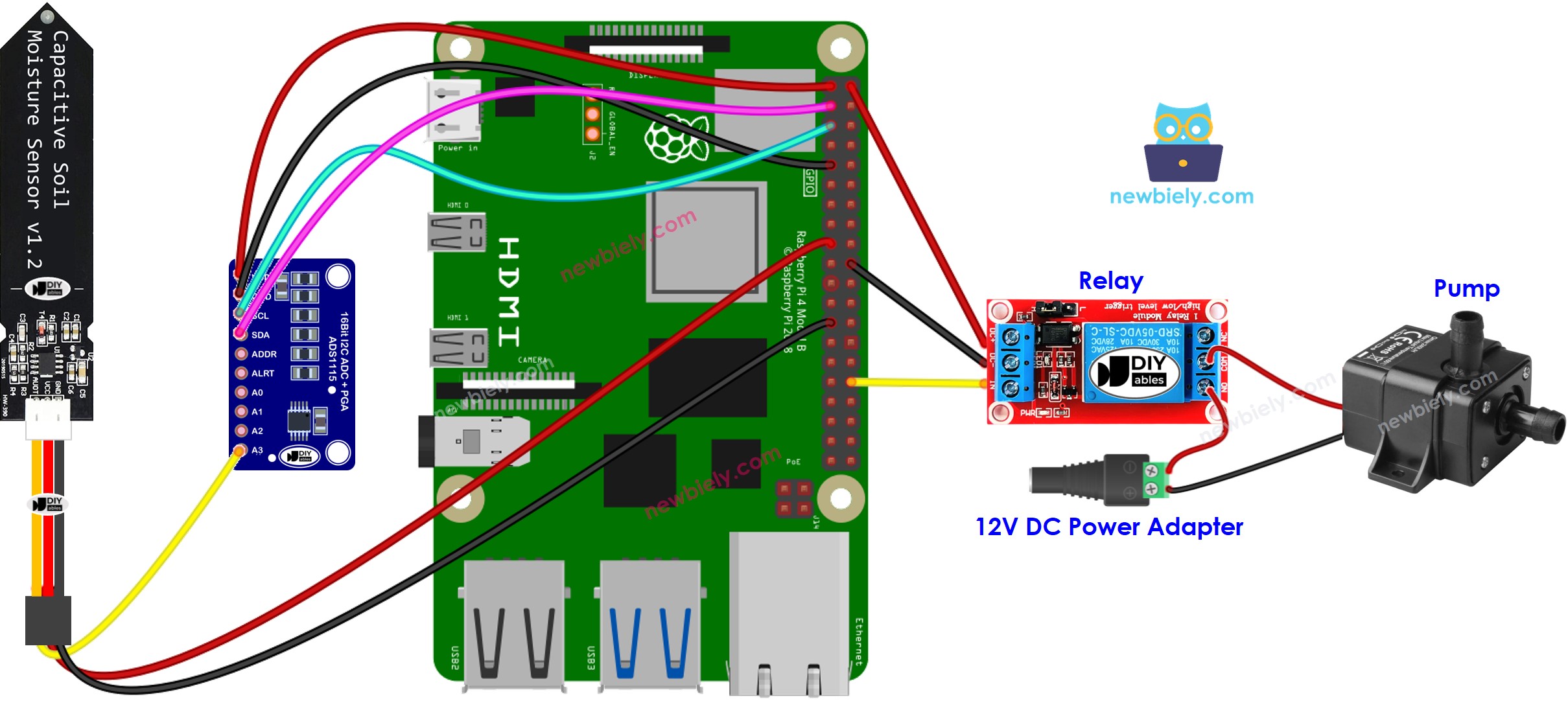 The wiring diagram between Raspberry Pi and soil moisture sensor Pump