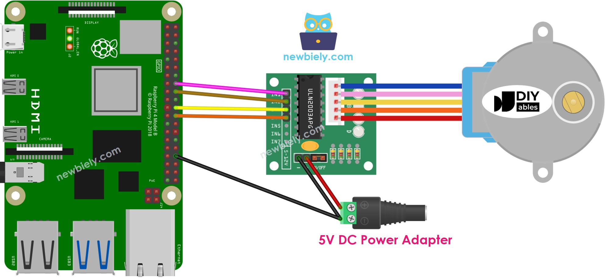 The wiring diagram between Raspberry Pi and stepper motor ULN2003 driver
